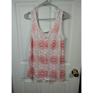 Young USA Woman L Tank Lace Floral Front Wide Strap Peach Button Front Boho Chic